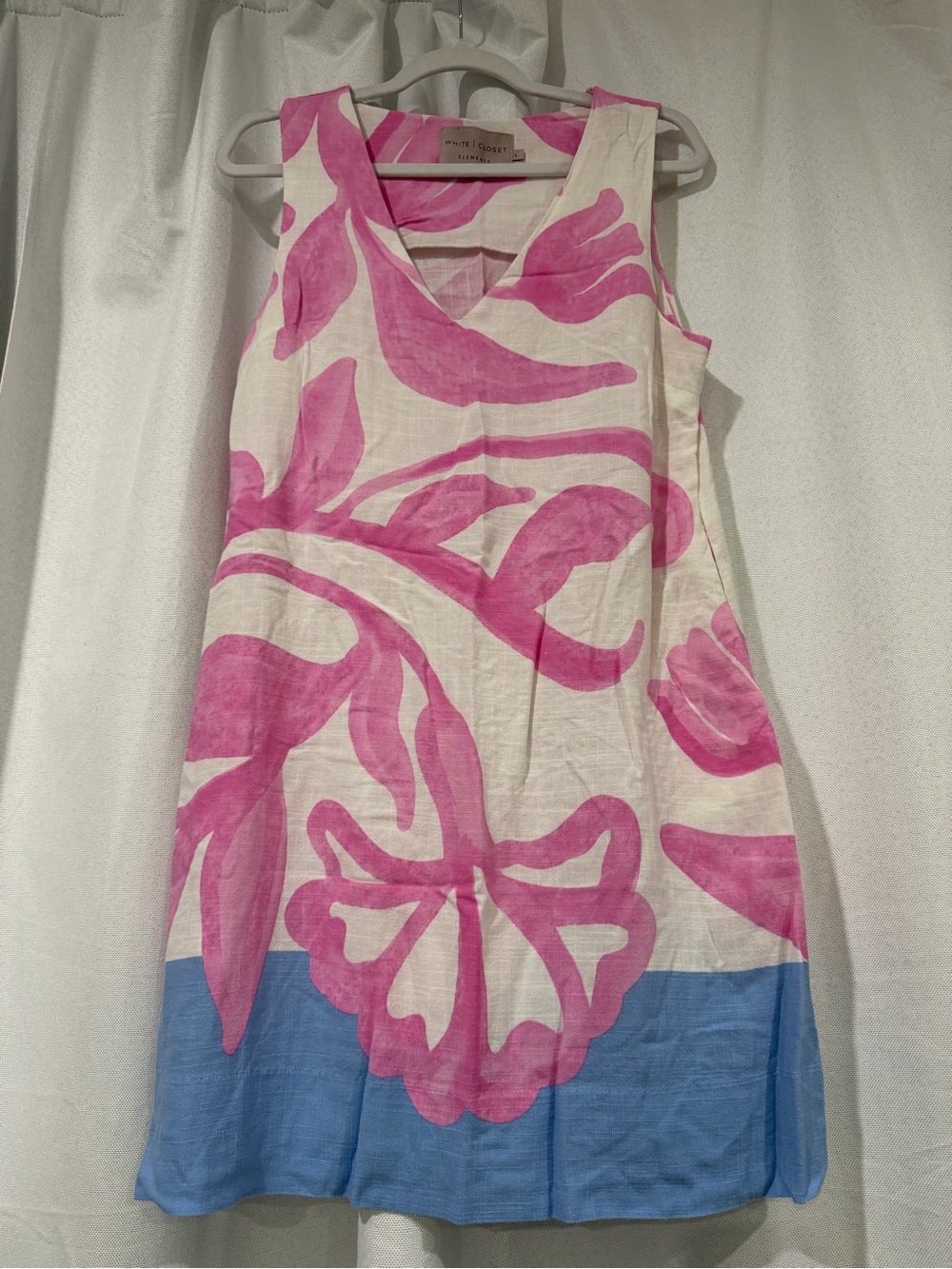 Sleeveless Pink Floral Linen Dress with Blue Hem